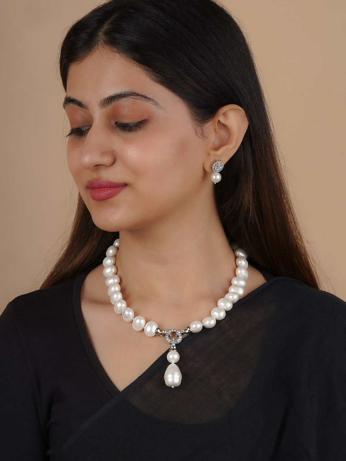 White Color Silver Plated Costume Necklace Set - CSTS3