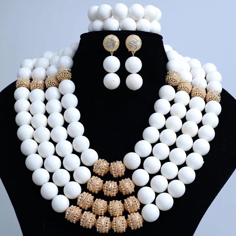 White Coral African Traditional Wedding Beads Jewelry Set 4 Layers 18mm Coral Bead with Gold Balls