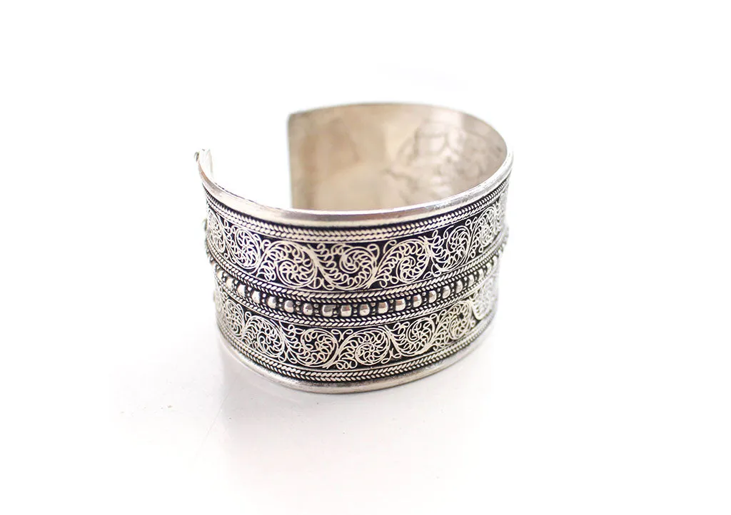 White Metal Fine Filigree Carving Handmade Cuff Bracelet