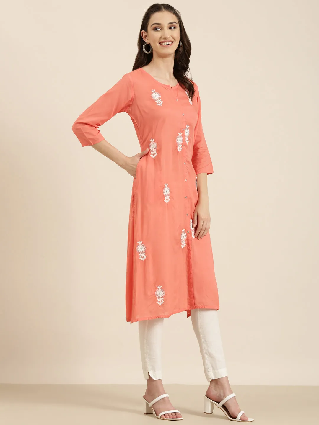 Women Coral Floral A-Line Kurta