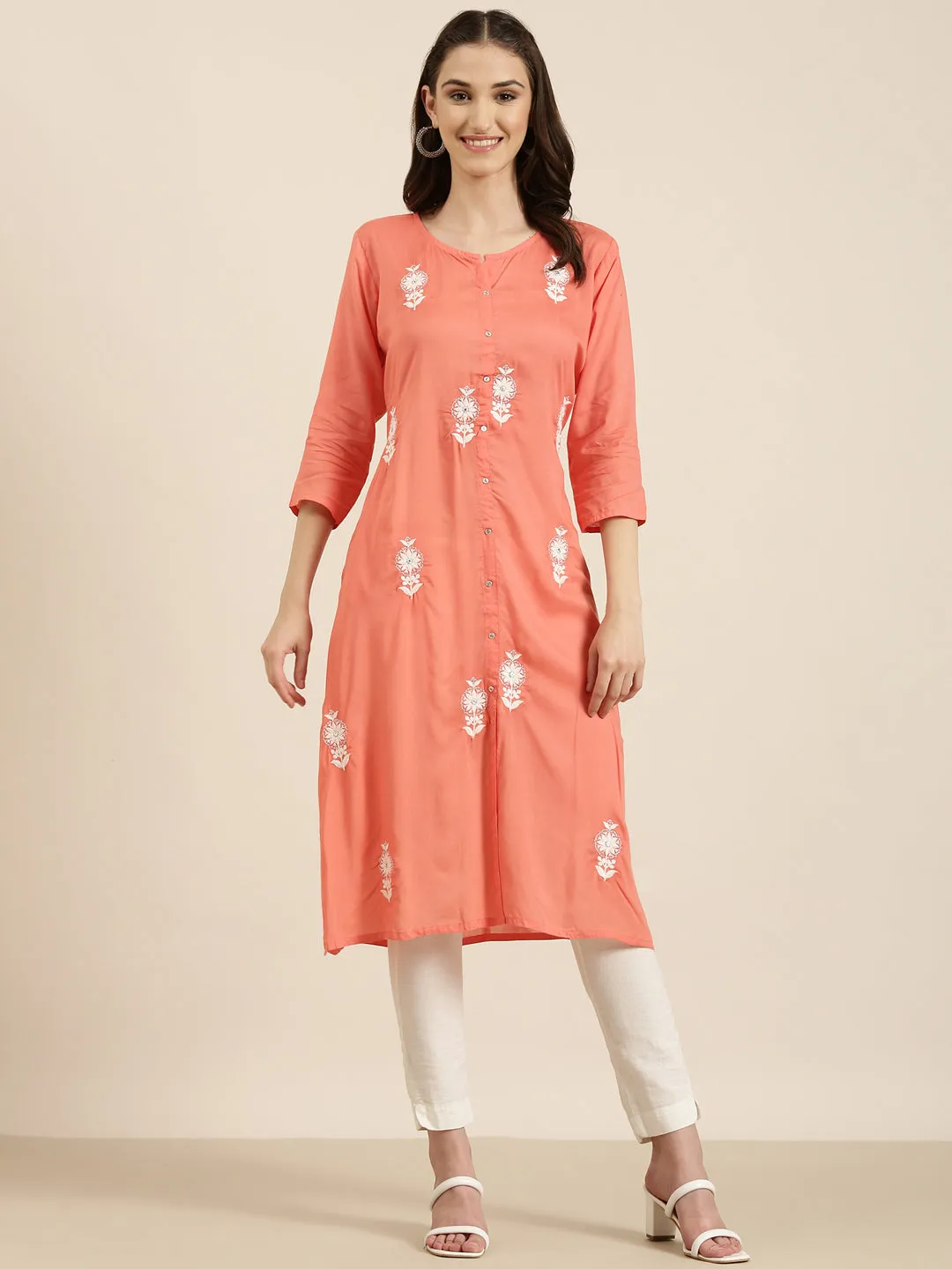 Women Coral Floral A-Line Kurta