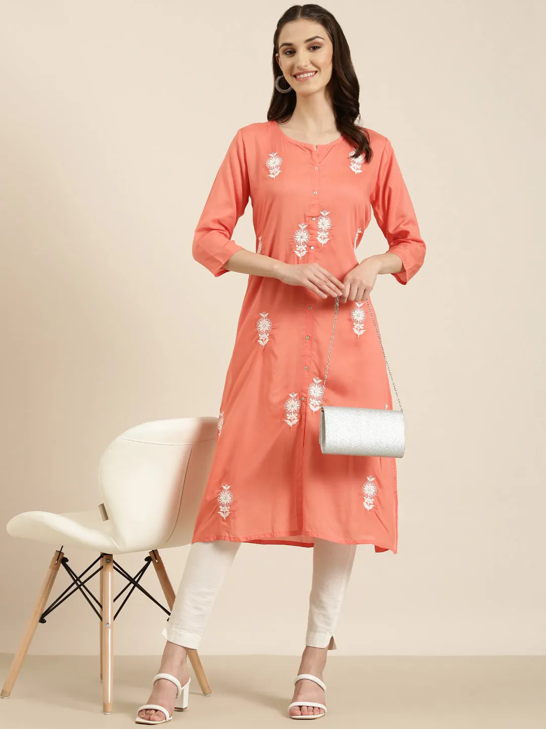 Women Coral Floral A-Line Kurta