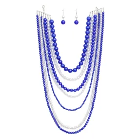 ZPB Sorority Blue White Pearl Long 7 Row Necklace